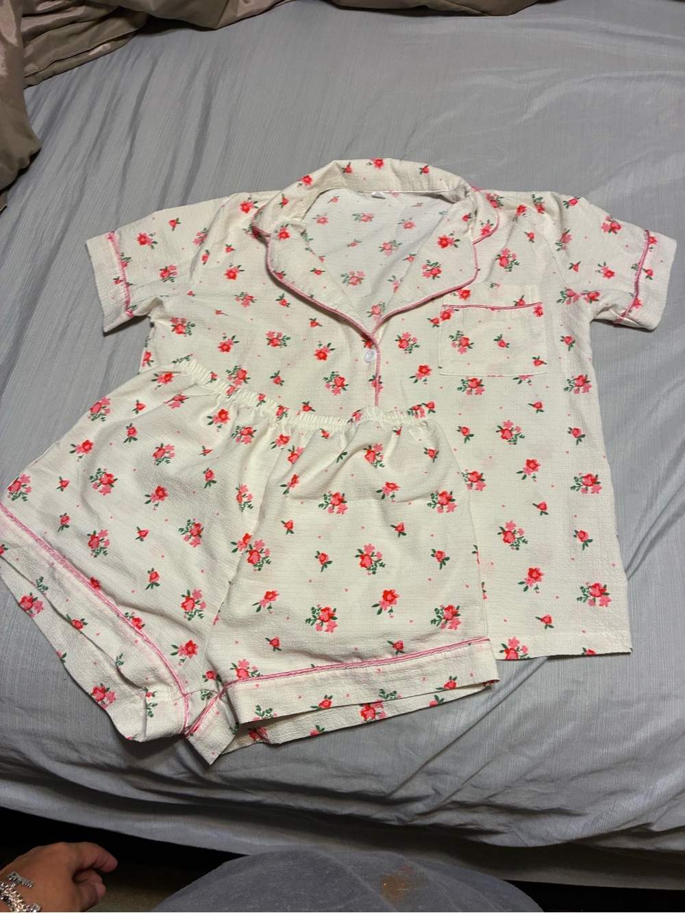 Girls White Floral Short Pajama Set with Pink Trim